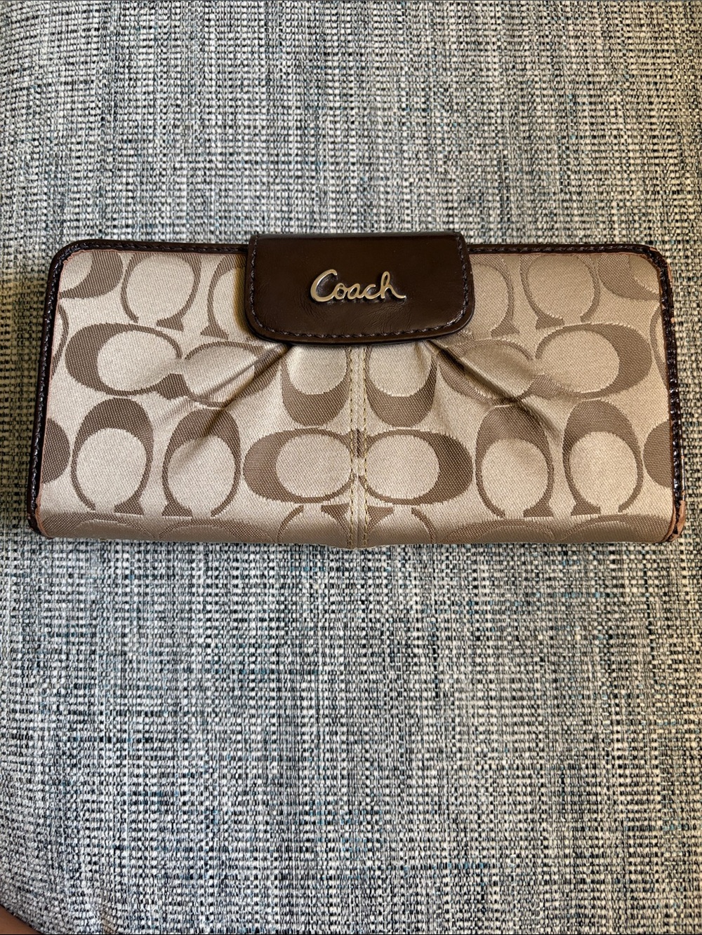 Coach Khaki Signature Canvas Wallet with Brown Trim